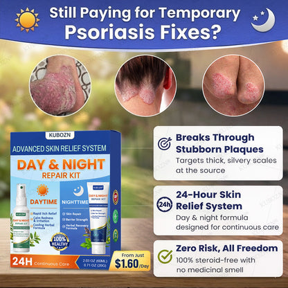 KUBOZN® Psoriasis Day & Night Repair System - 100% Steroid-Free Relief Duo for Plaques, Scaling & Itch